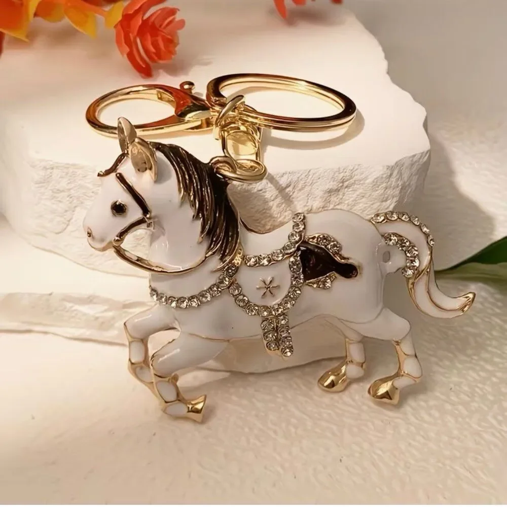 Bling White Rhinestone Horse Keychain Purse Charm